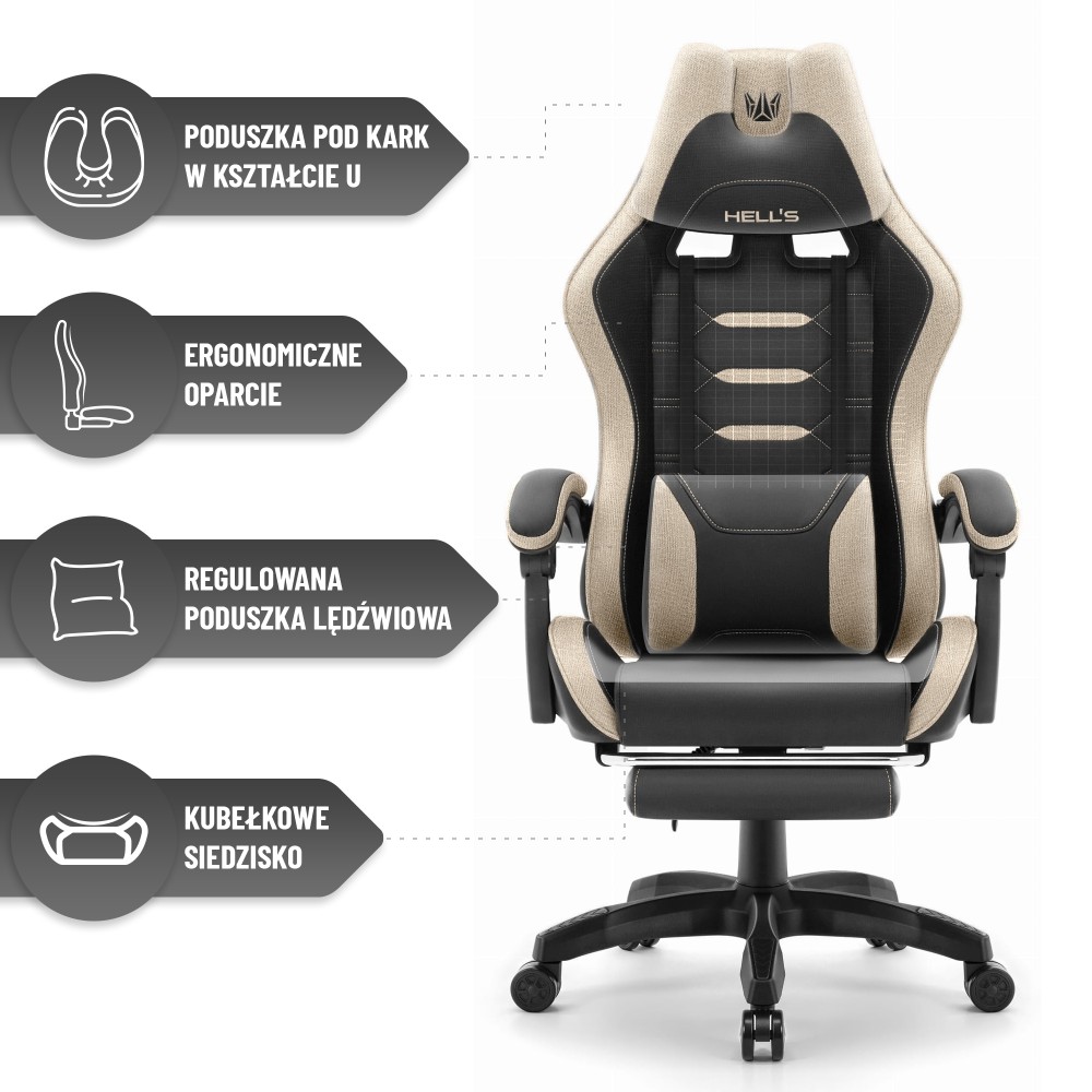 Fotel gamingowy Hell's Chair HC-1039 2.0 Black Beige Czarny Beżowy Tkanina