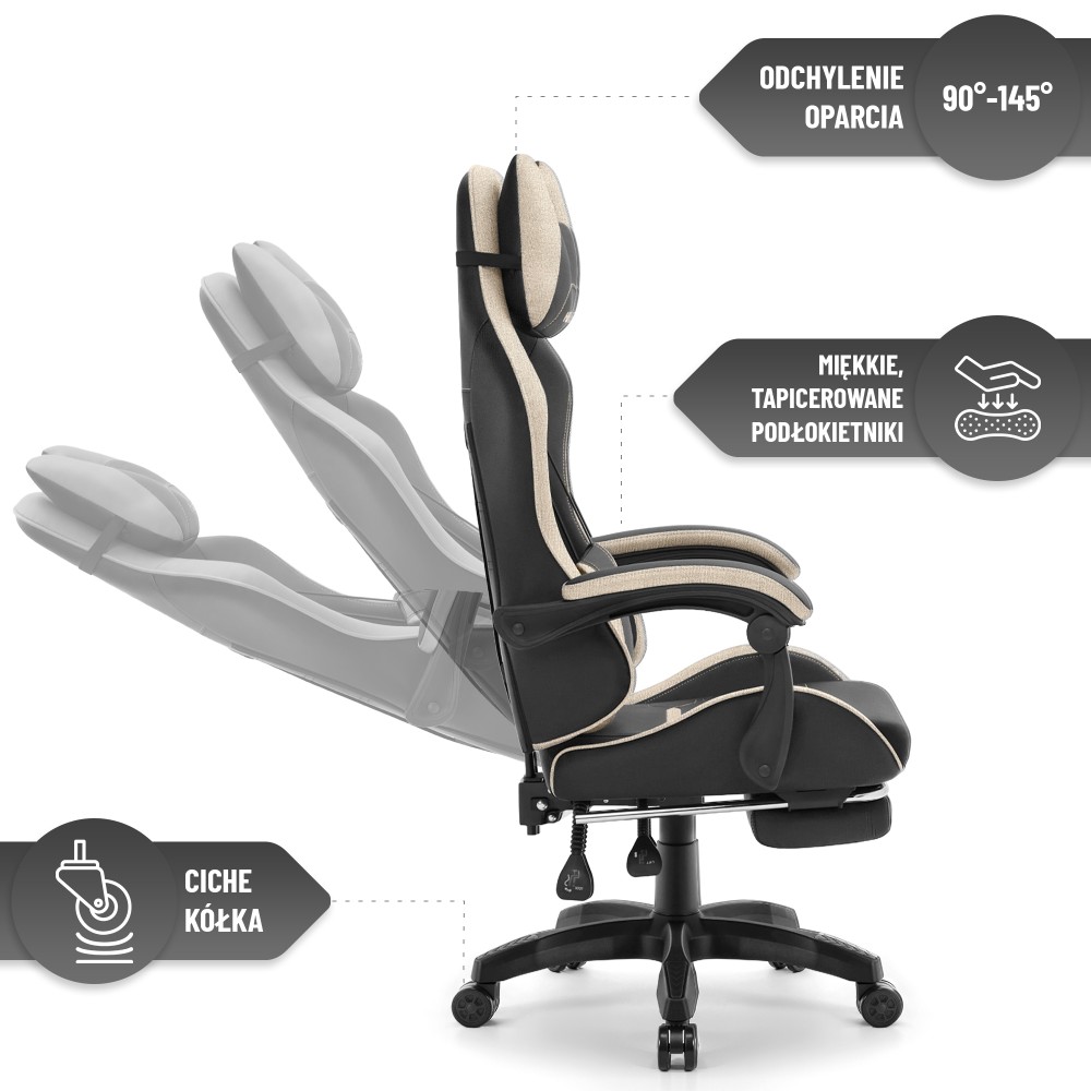Fotel gamingowy Hell's Chair HC-1039 2.0 Black Beige Czarny Beżowy Tkanina
