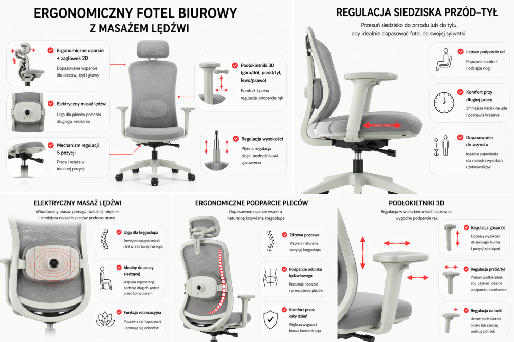 Fotel biurowy ergonomiczny obrotowy Hell's Chair HC- 1057 z Funkcją Masażu Grey Szary Tkanina