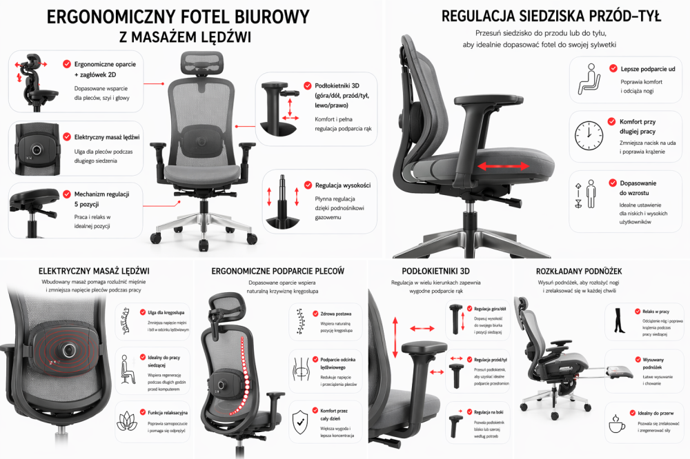 Fotel biurowy ergonomiczny obrotowy Hell's Chair HC- 1057 z Funkcją Masażu Grey Black Szary Czarny Tkanina