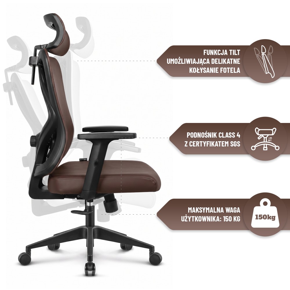 Fotel biurowy ergonomiczny obrotowy Hell's Chair HC- 1041 Brązowy Ekoskóra silikonowa Premium
