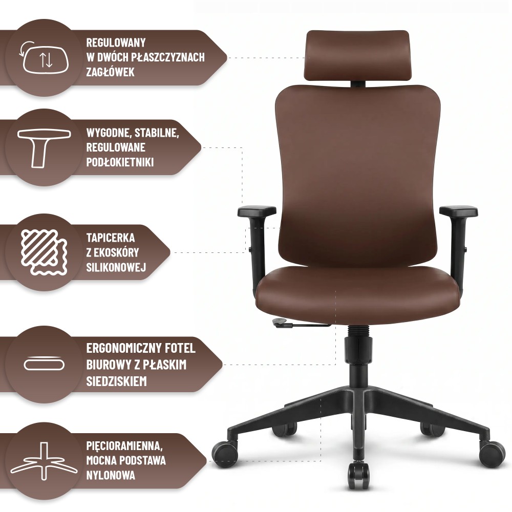 Fotel biurowy ergonomiczny obrotowy Hell's Chair HC- 1041 Brązowy Ekoskóra silikonowa Premium