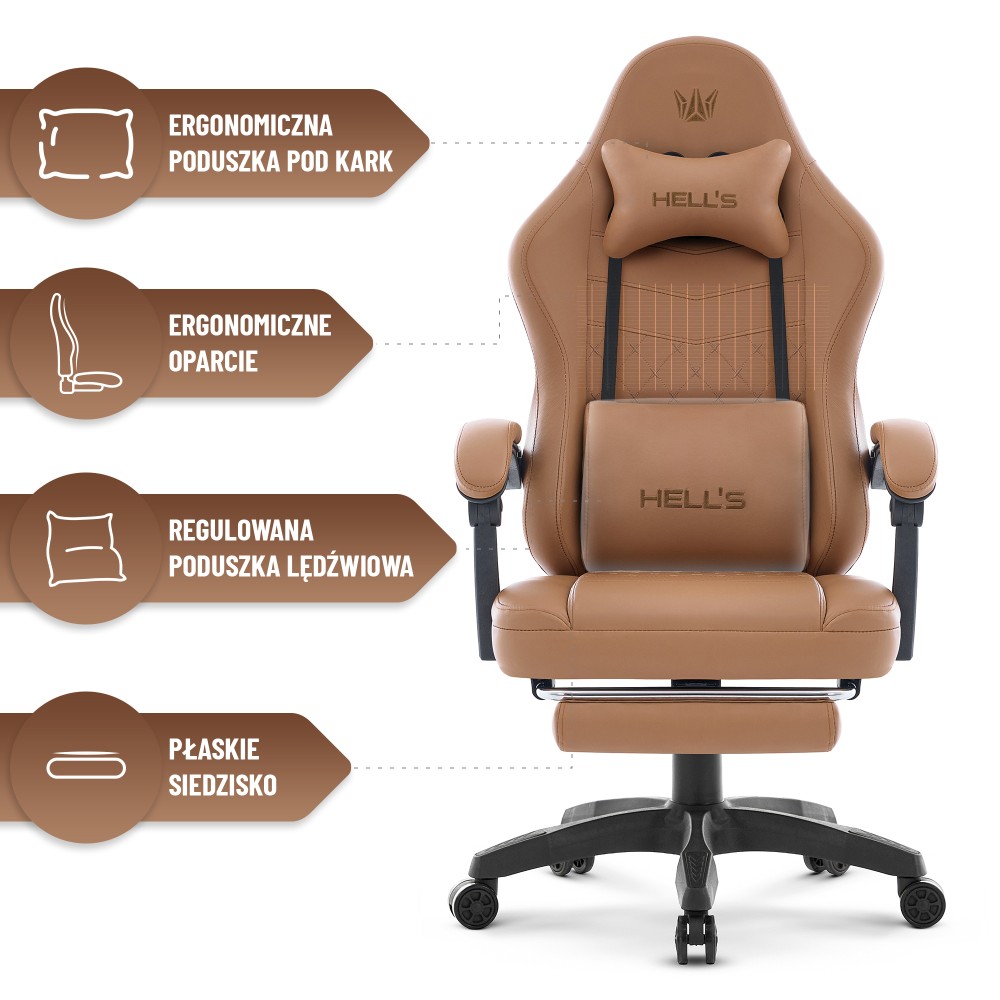 Fotel gamingowy Hell's Chair HC- 1015 Light Brown Jasny Brązowy Ekoskóra