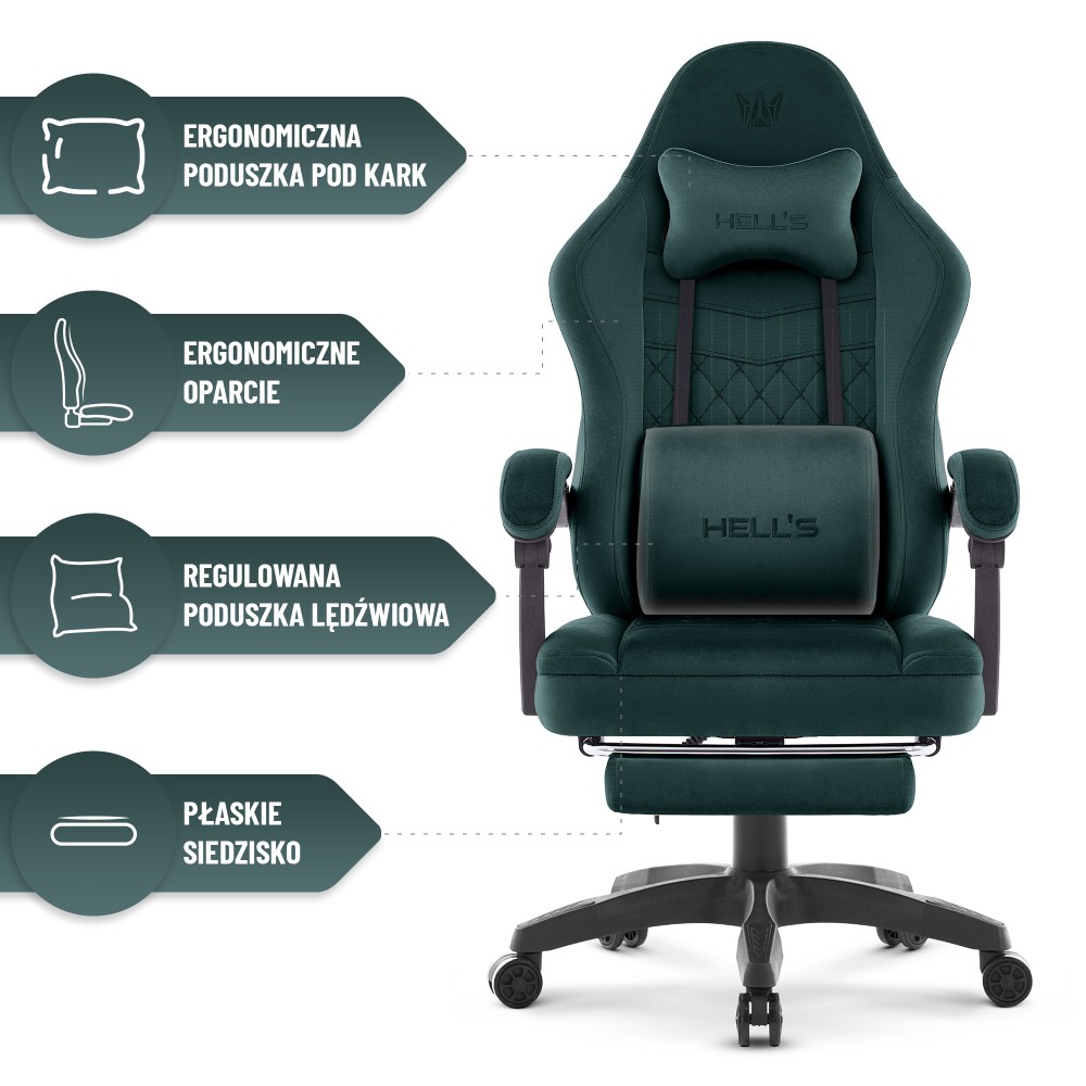 Fotel gamingowy Hell's Chair HC- 1015 Green Zielony Tkanina Welurowa