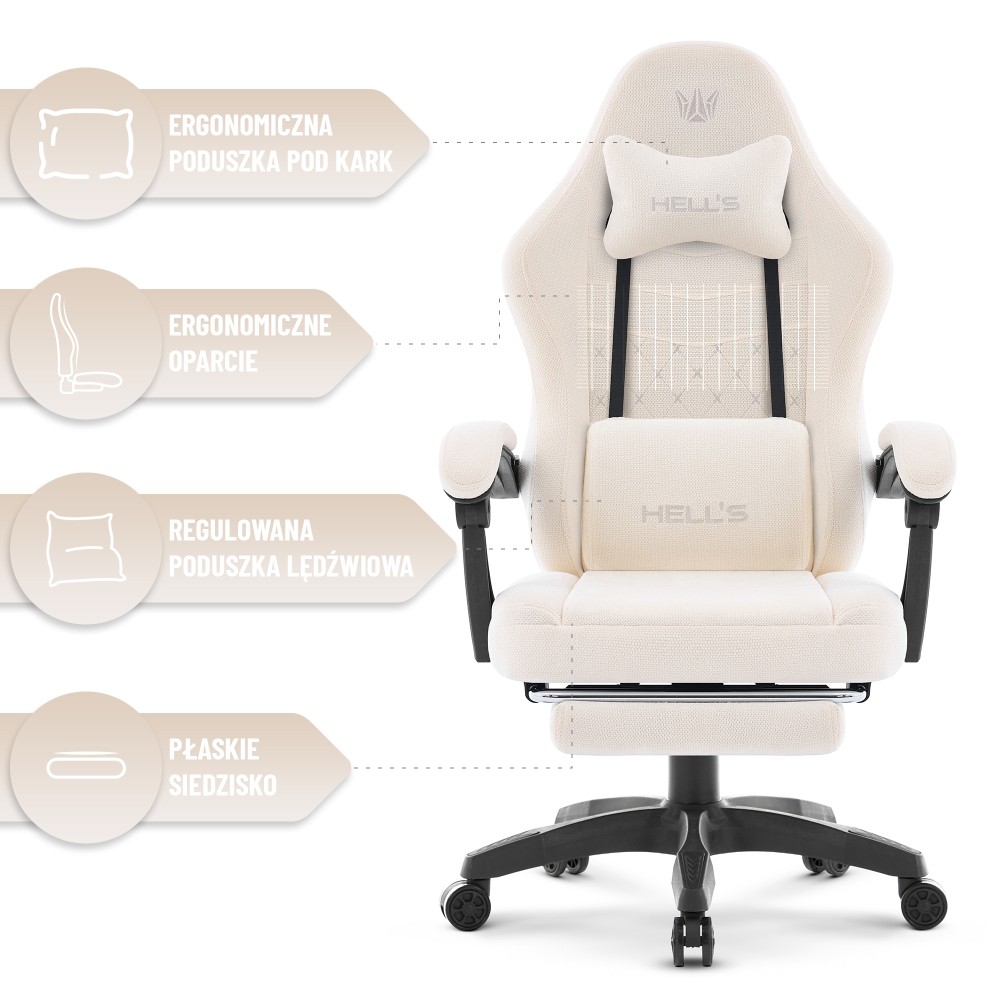 Fotel gamingowy Hell's Chair HC- 1015 Ecru Kremowy Tkanina