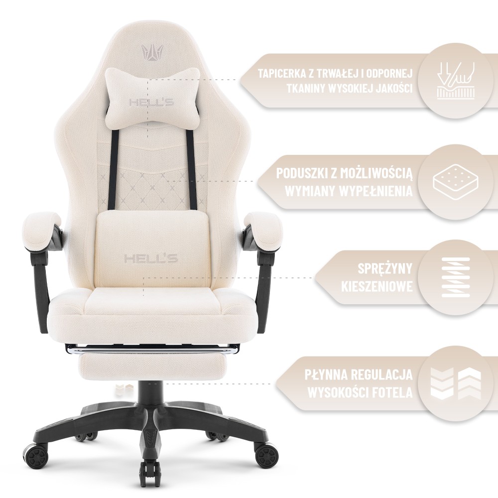 Fotel gamingowy Hell's Chair HC- 1015 Ecru Kremowy Tkanina