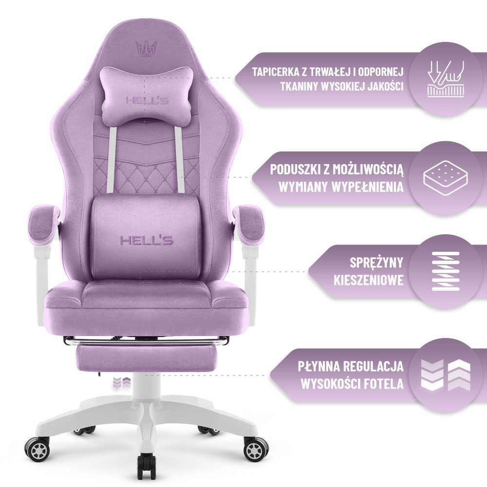 Fotel gamingowy Hell's Chair HC- 1015 Purple Fioletowy Tkanina Welurowa