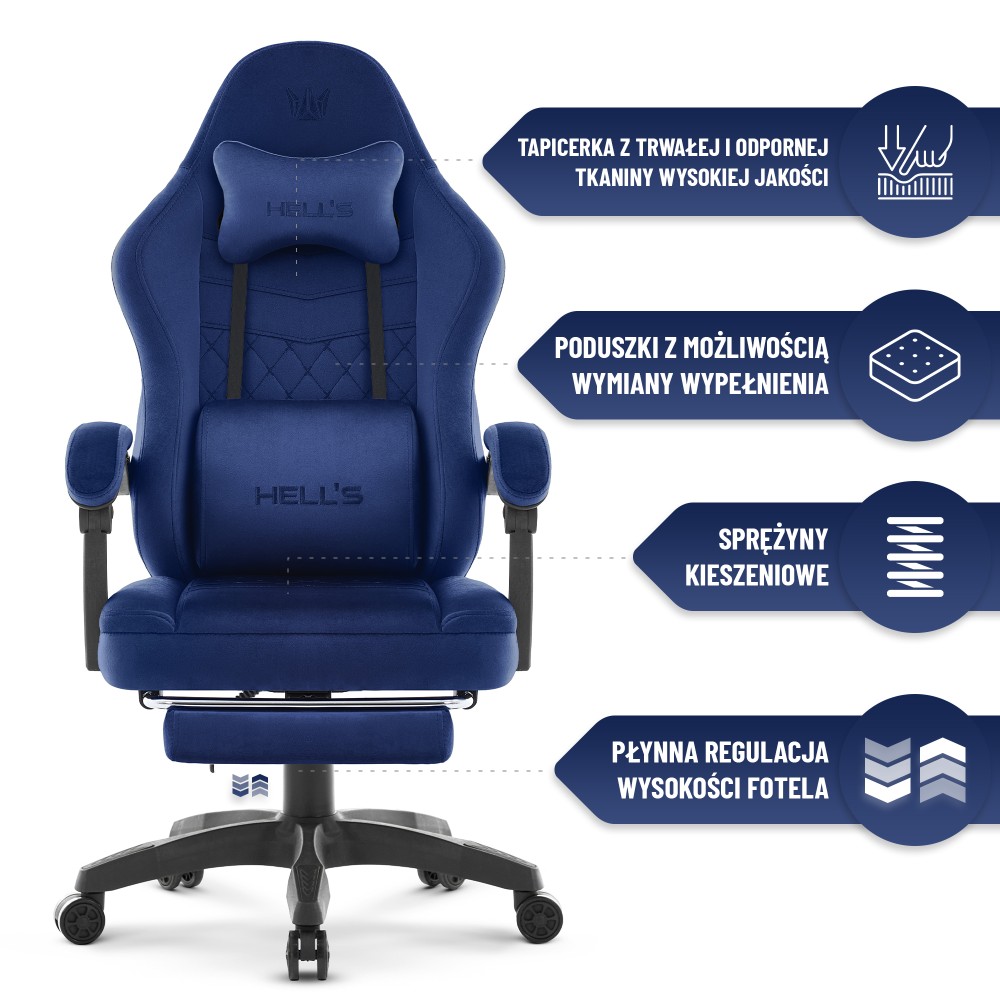 Fotel gamingowy Hell's Chair HC- 1015 Navy Tkanina Welurowa