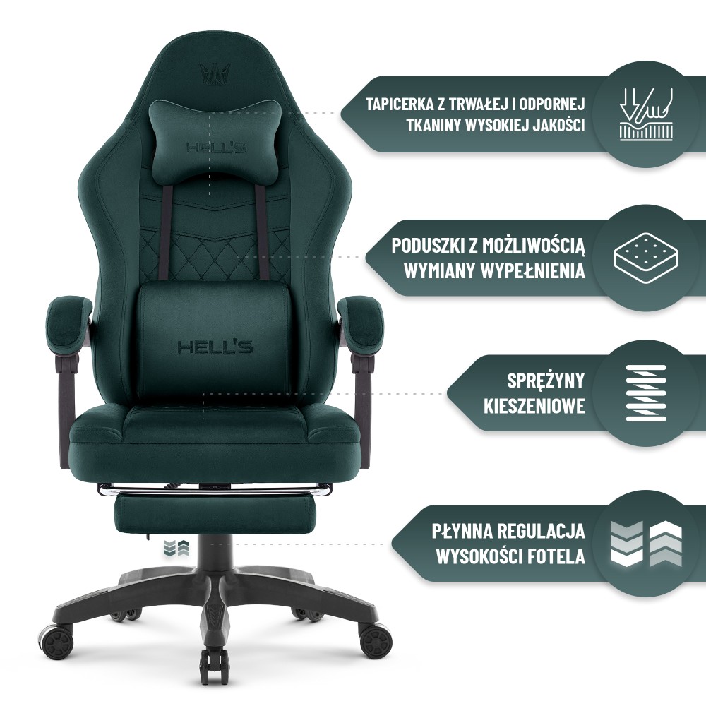 Fotel gamingowy Hell's Chair HC- 1015 Green Zielony Tkanina Welurowa