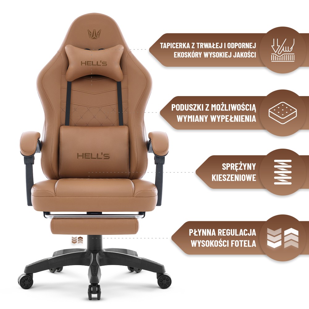 Fotel gamingowy Hell's Chair HC- 1015 Light Brown Jasny Brązowy Ekoskóra