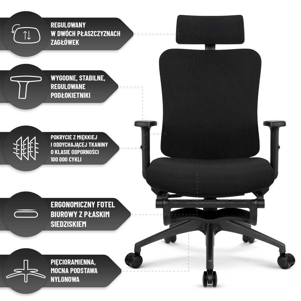 Fotel biurowy ergonomiczny obrotowy Hell's Chair HC- 1041 Black Czarny Tkanina Premium z Podnóżkiem