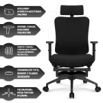 Fotel biurowy ergonomiczny obrotowy Hell's Chair HC- 1041 Black Czarny Tkanina Premium z Podnóżkiem