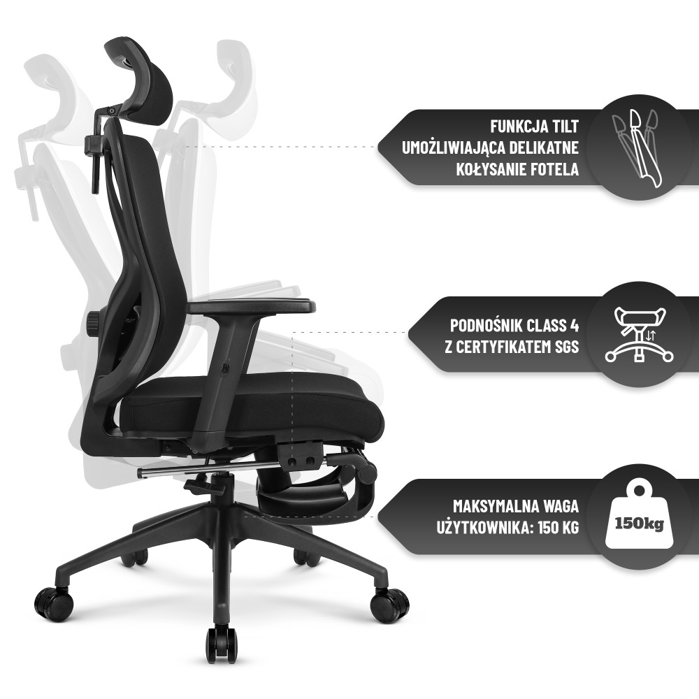 Fotel biurowy ergonomiczny obrotowy Hell's Chair HC- 1041 Black Czarny Tkanina Premium z Podnóżkiem