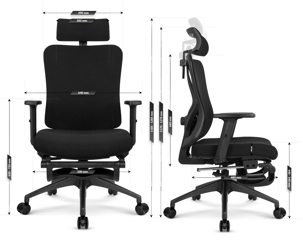 Fotel biurowy ergonomiczny obrotowy Hell's Chair HC- 1041 Black Czarny Tkanina Premium z Podnóżkiem