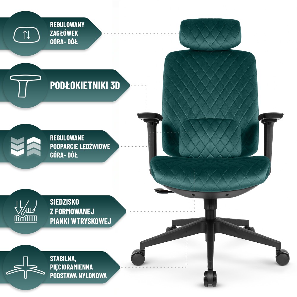 Fotel biurowy ergonomiczny obrotowy Hell's Chair HC- 1047 Green Zielony Tkanina Welurowa
