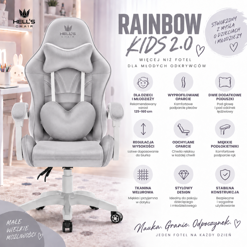 Fotel Gamingowy dla dzieci Hell's Chair Rainbow KIDS 2.0 Grey Szary Tkanina Welurowa