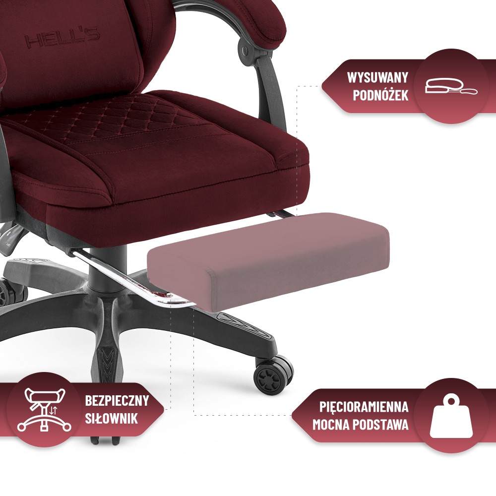 Fotel gamingowy Hell's Chair HC- 1015 Burgundy Burgundowy Tkanina Welurowa