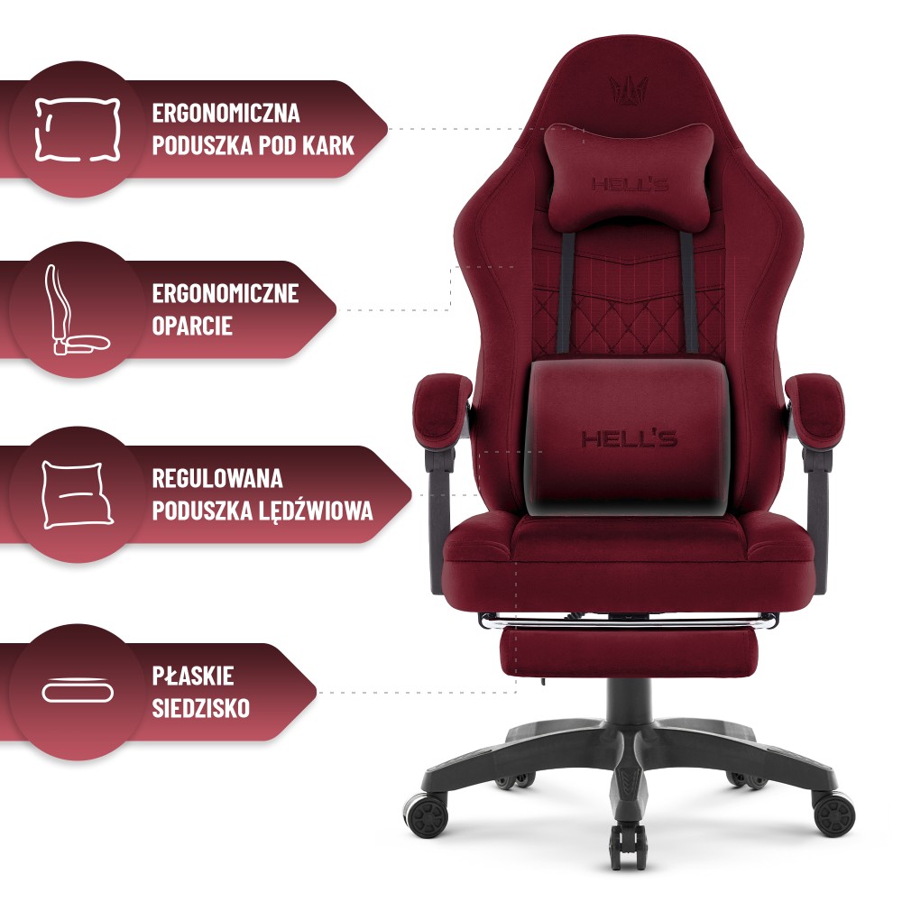 Fotel gamingowy Hell's Chair HC- 1015 Burgundy Burgundowy Tkanina Welurowa