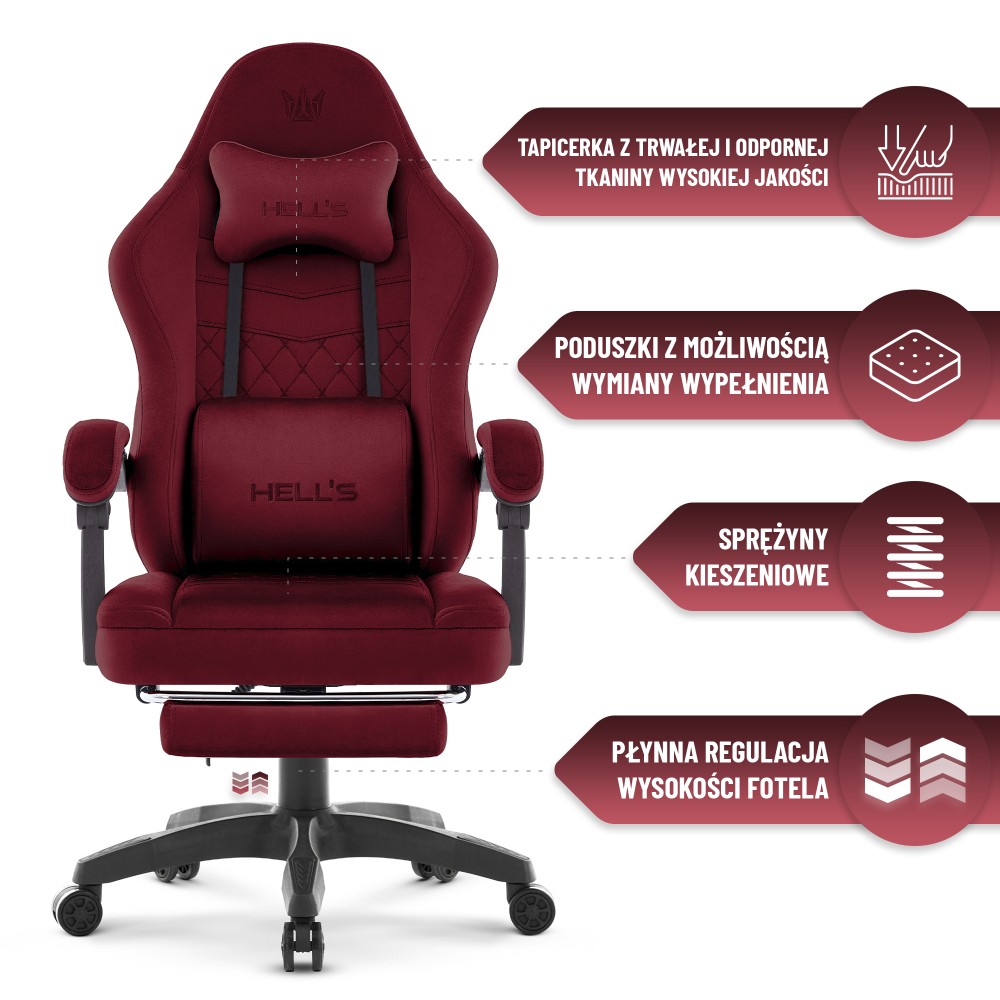 Fotel gamingowy Hell's Chair HC- 1015 Burgundy Burgundowy Tkanina Welurowa