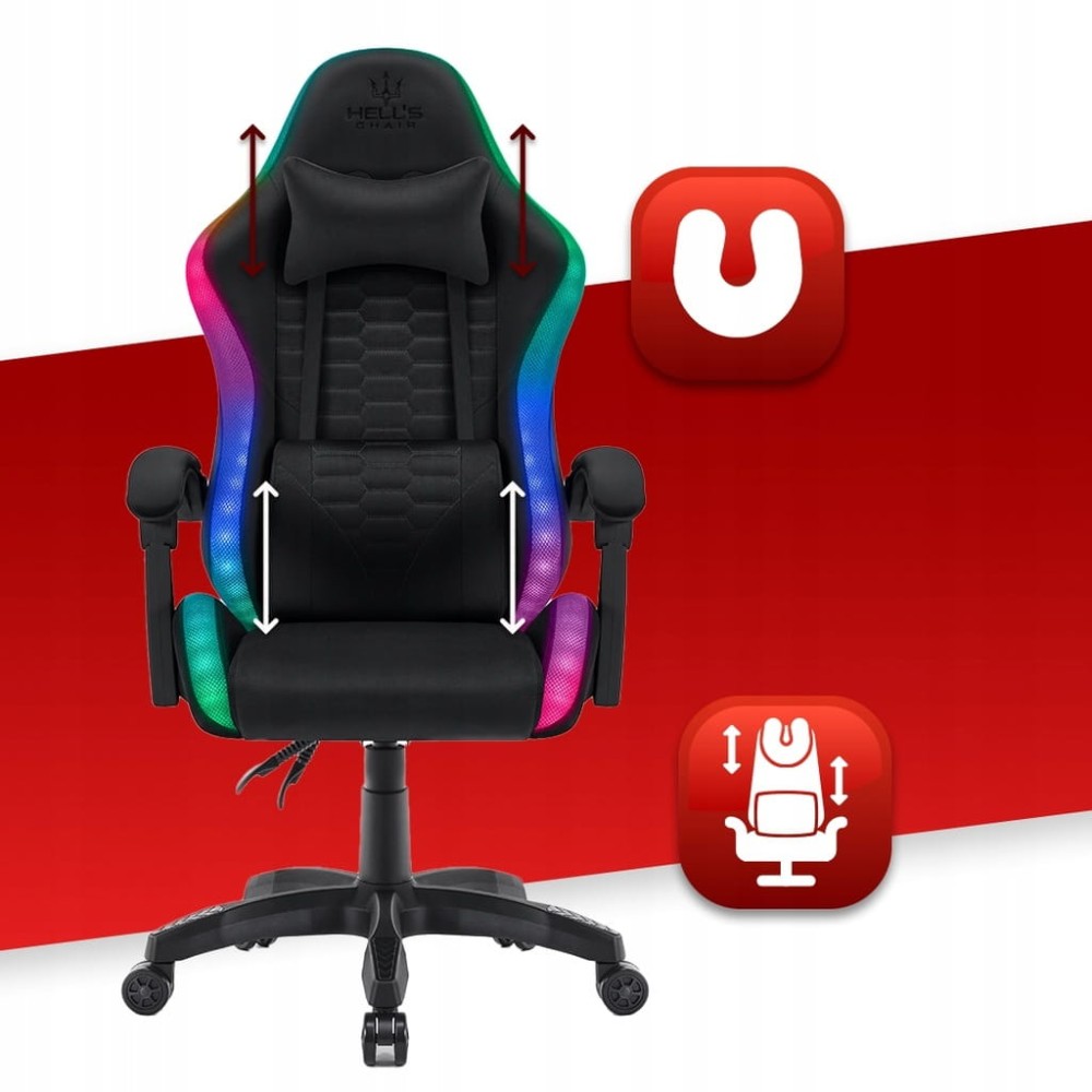 Outletowy FOTEL GAMINGOWY Biurowy Obrotowy Hell's Chair HC- 1000 Black LED RGB
