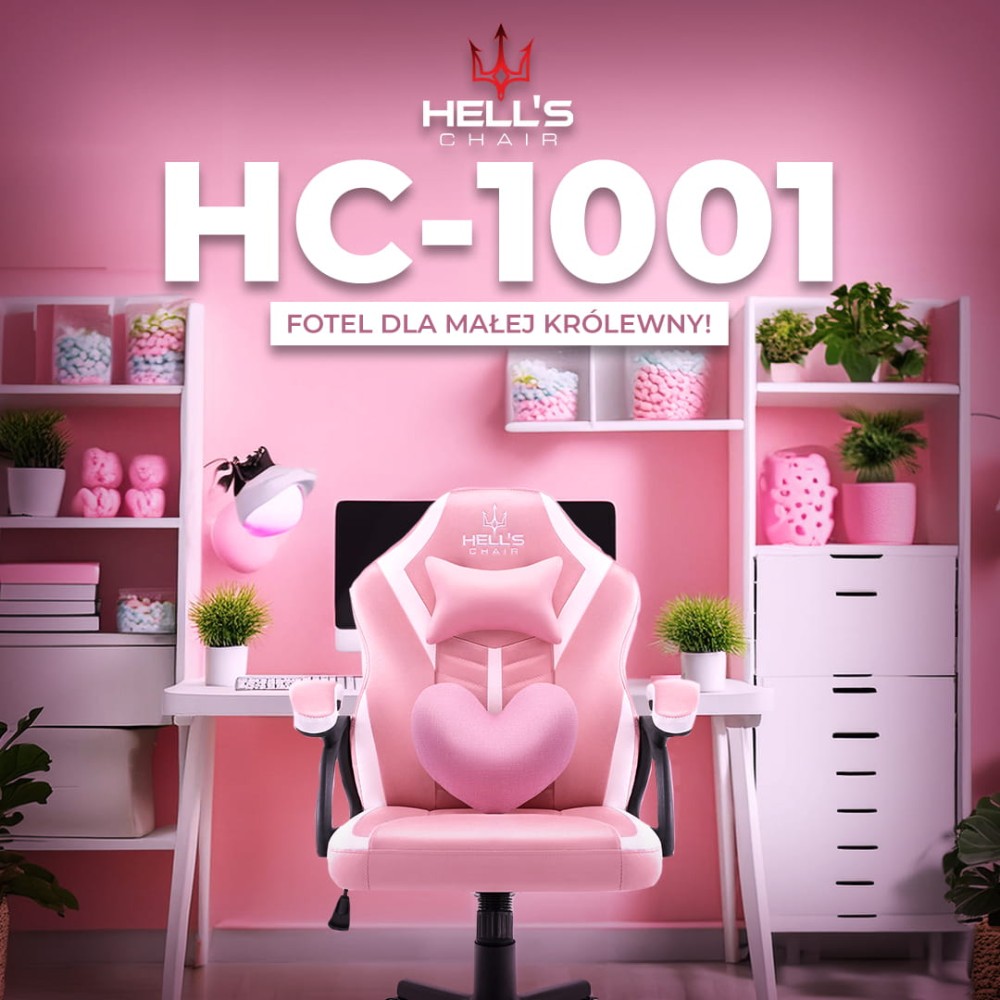 Outletowy fotel gamingowy dla dzieci  Hell's Chair HC- 1001 KIDS Różowy Biały + NOWA Podkładka pod myszkę 3MS